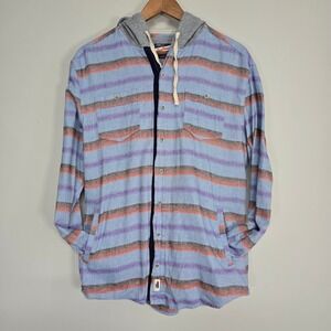 johnnie-O Surflannel Shacket Mens Medium Striped Hooded Flannel Coastal Shirt